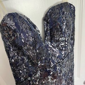 Navy Blue Sequin Plunge Neckline Strapless Formal Dress